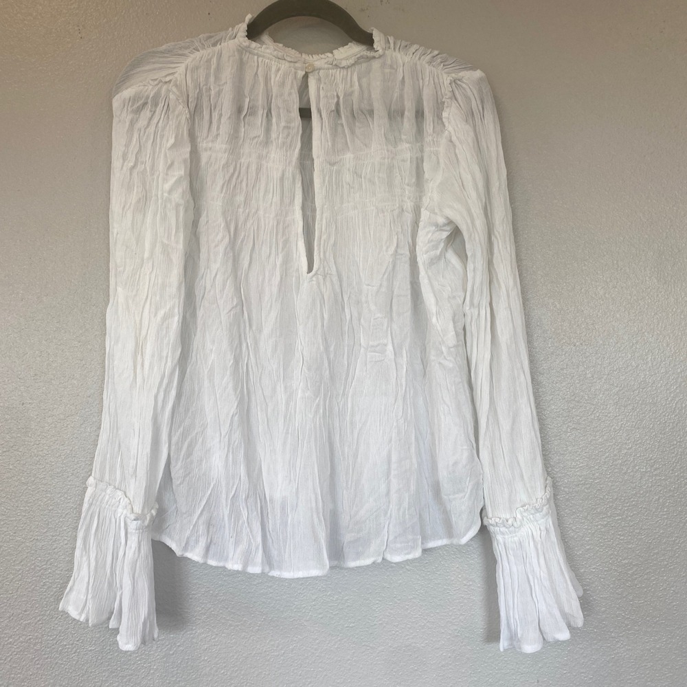 Free People White Crinkle Gauze Bell Sleeve Blouse High Neck Boho Top Small